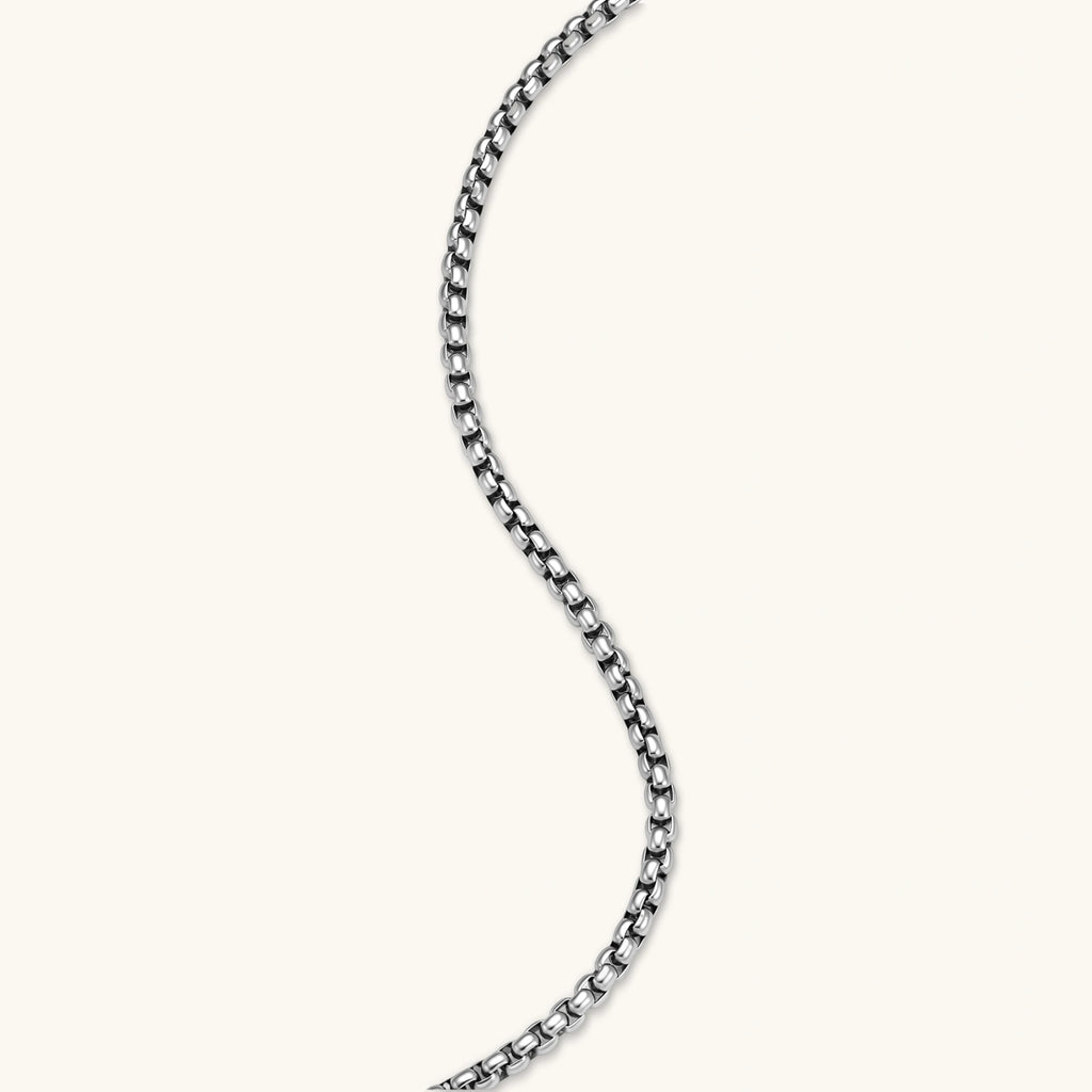 Silver stainless steel ankh pendant with skull motifs on vertical bar and textured ring top, on a box chain necklace.