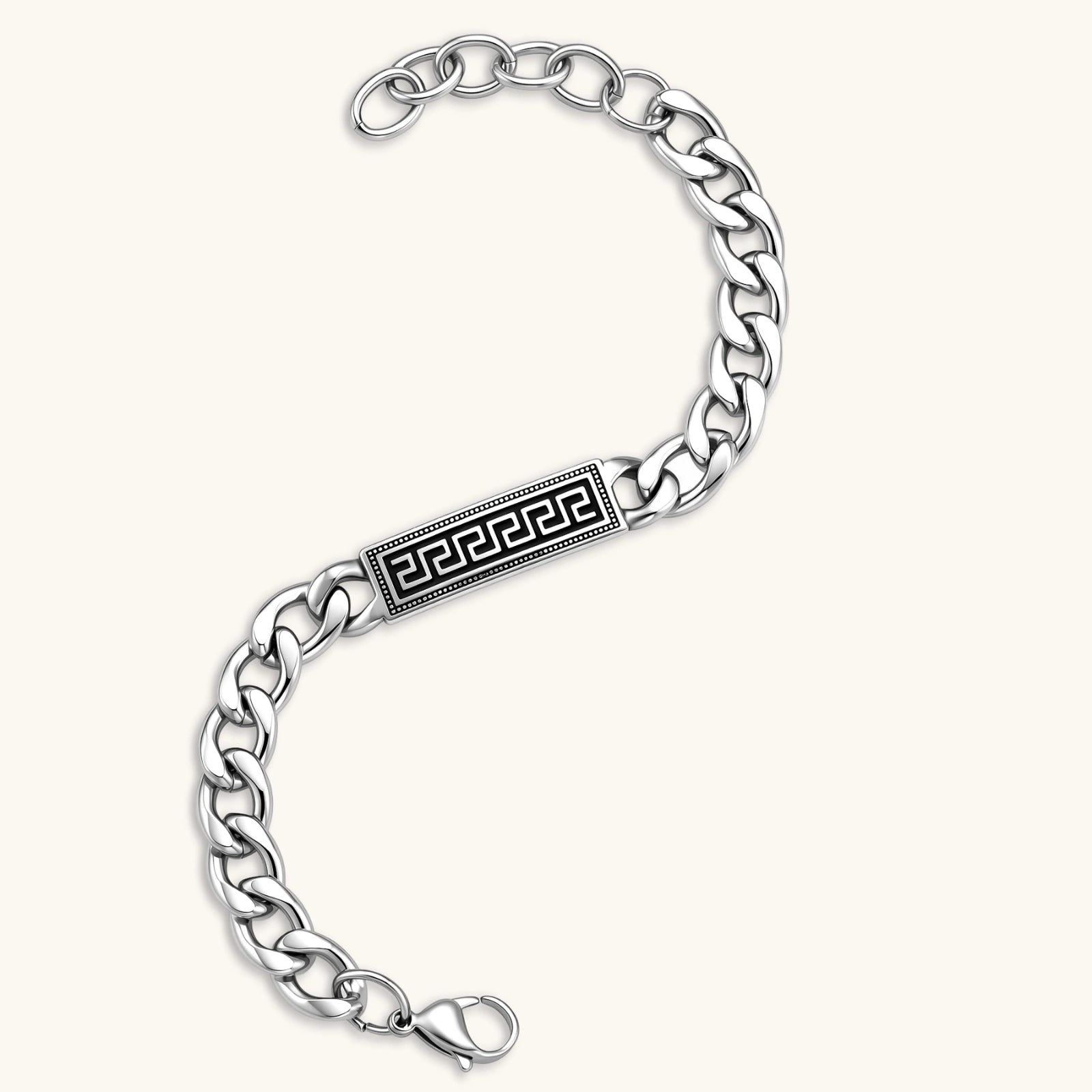 Silver 316L stainless steel curb chain bracelet with black Greek key meander rectangular ID plate, adjustable lobster clasp.