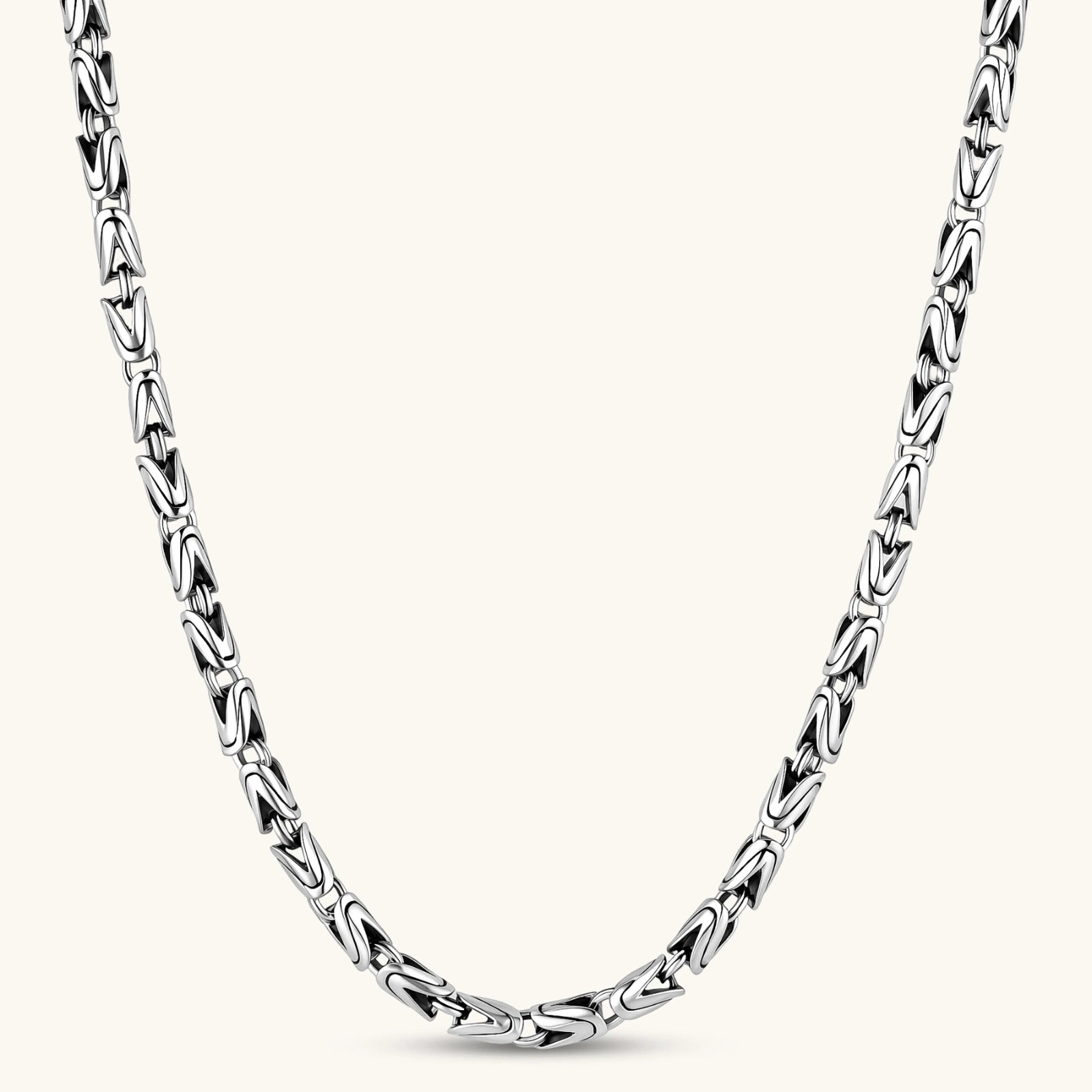 Men's antique silver Byzantine chain necklace, 6.2mm wide interlocking S-link pattern with ornate lobster clasp, 560mm length.