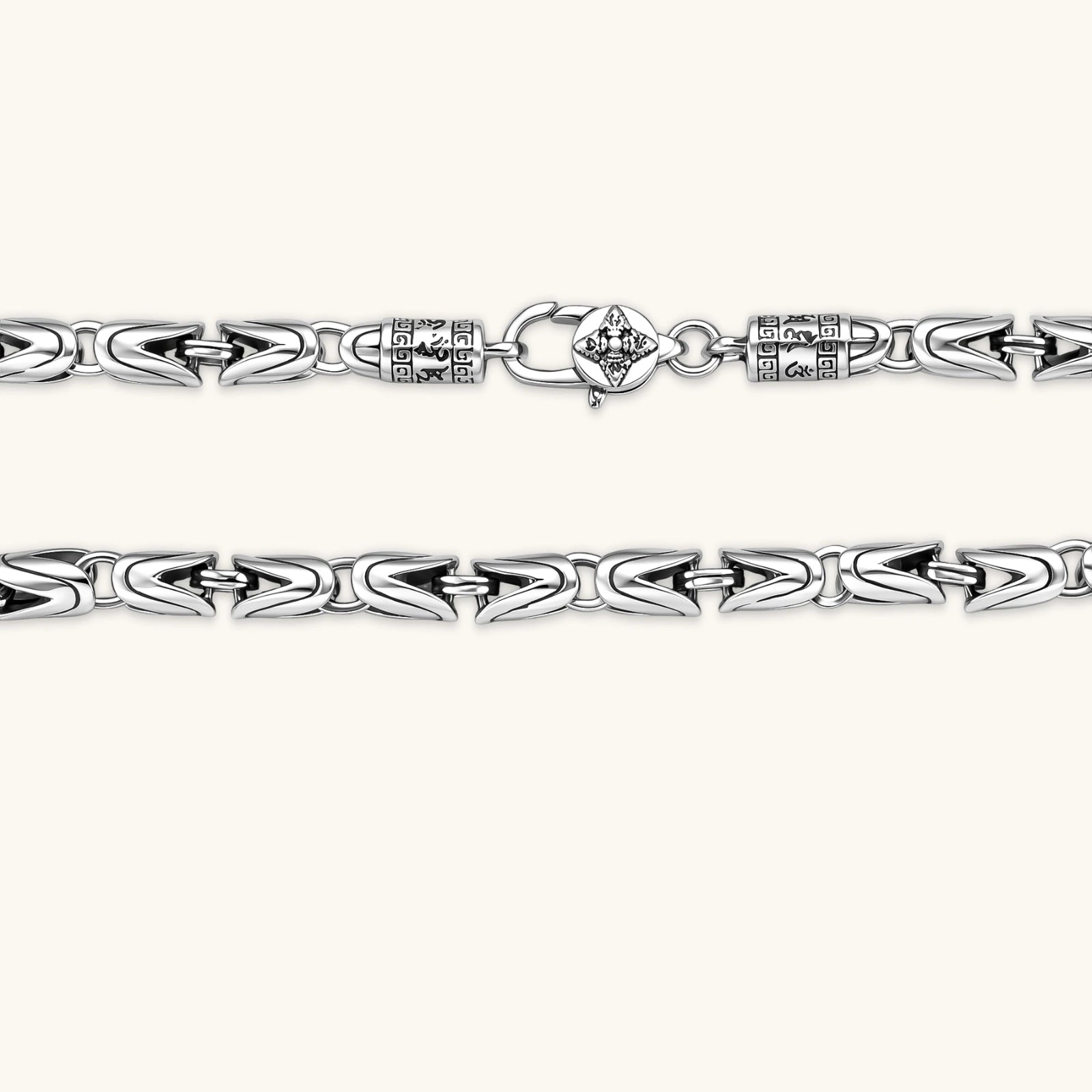Men's antique silver Byzantine chain necklace, 6.2mm wide interlocking S-link pattern with ornate lobster clasp, 560mm length.