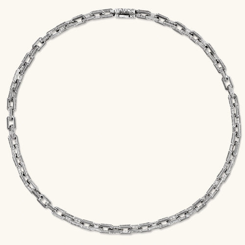 Silver 316L stainless steel rectangular link chain necklace with intricate scroll engravings, 560mm length, 7.1mm width.