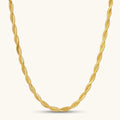 18K gold-plated twisted double herringbone snake chain necklace with lobster clasp and extender on white background.