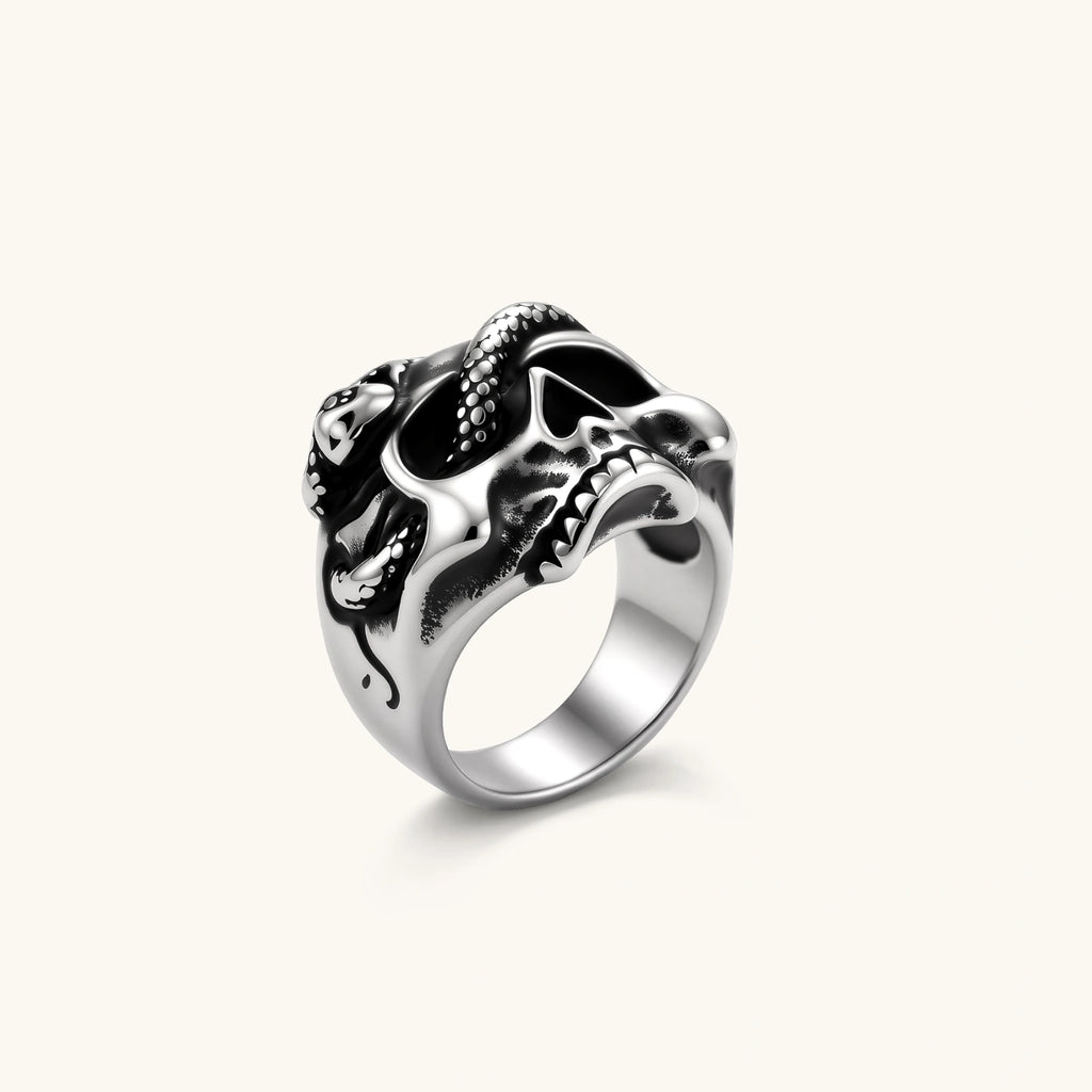 Silver stainless steel ring with bold skull face and coiled snake wrapping the crown, blackened recessed details.